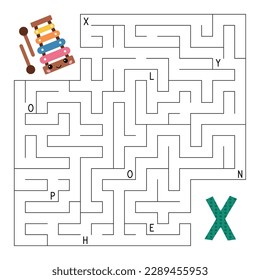 Learn letters. ABC maze game. Educational puzzle for kids. Help kawaii xylophone find right way to the letter X. Activity worksheet with labyrinth. Learn English language. Vector illustration.