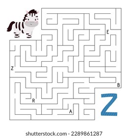 Lerne Briefe. ABC Labyrinth-Spiel. Lernpuzzle für Kinder. Hilf Kawaii zebra den richtigen Weg zum Buchstaben Z zu finden. Aktivitätsblatt mit Labyrinth. Lerne Englisch. Vektorgrafik.