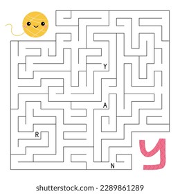 Learn letters. ABC maze game. Educational puzzle for kids. Help kawaii yarn ball find right way to the letter Y. Activity worksheet with labyrinth. Learn English language. Vector illustration.