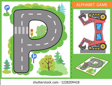 Learn letters alphabet. Children educational game. Kids background with road and paper car. Wallpaper for childrens room. Background for gaming car. Maze with road signs. Vector illustration.
