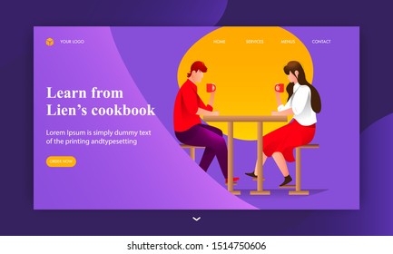 Learn from lien's cookbook concept based landing page design with young boy and girl drinking coffee at the restaurant table.