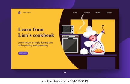 Learn from lien's cookbook concept based landing page design with chef character presenting chicken on kitchen view.