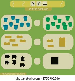 Learn math, numbers - choose more, less or equal. Tasks for addition for preschoolers, worksheet for children.