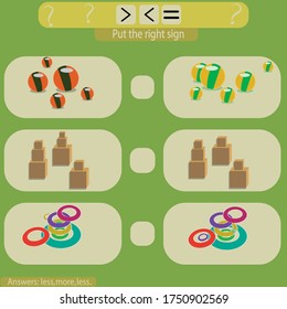 Learn math, numbers - choose more, less or equal. Tasks for addition for preschoolers, worksheet for children.