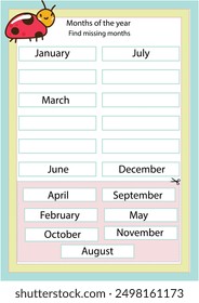 Learn months name.  names of the months. January, February, March, April, May, June, July, August, September, October, November, and December. printable colorful worksheet for child education. 

