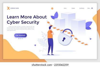 Learn More about Cyber Security landing page template. Ways to protect personal data in internet. Informational webpage for customers design vector illustration. Important knowledge about safety