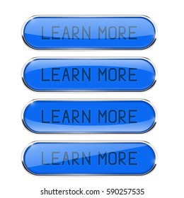 LEARN MORE blue oval buttons. Set of glass icons with chrome frame and reflection. Vector 3d illustration isolated on white background