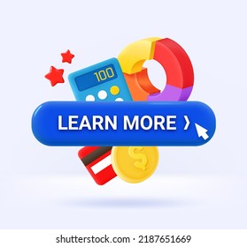 Learn more button with icons. 3d vector illustration
