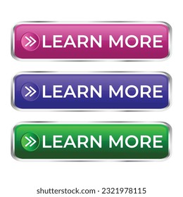 Learn More Button, Realistic 3D Glossy And Shiny Buttons For Label, Website, Mobile Apps, Template Design On White Background