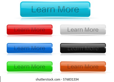 Learn more buttons. Glass rectangular 3d icons. Vector 3d illustration isolated on white background