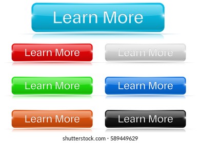 Learn more buttons. Glass rectangular 3d icons. Vector 3d illustration isolated on white background