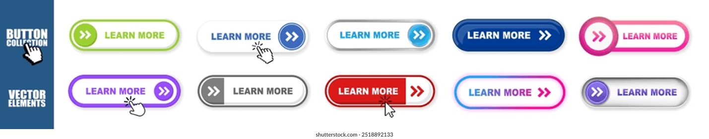 Learn more buttons web banner templates set on transparent background. 