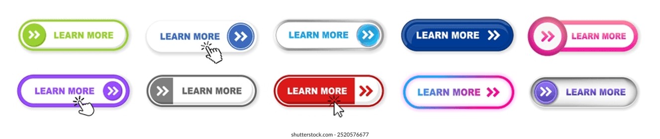 Saiba mais botões modelos de banner da Web definidos no plano de fundo transparente. 