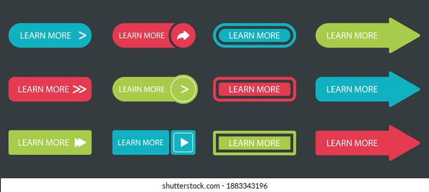 Learn more colorful buttons set for website design. Arrow button in different colors. Vector