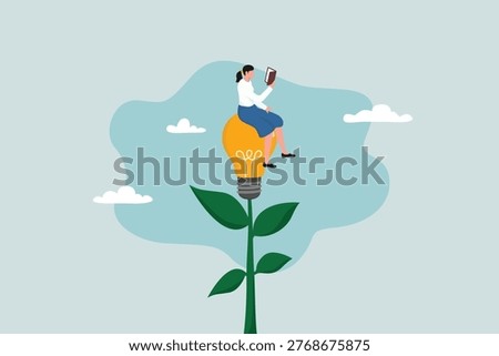 Learn more knowledge to grow and succeed, growth mindset, educational concepts to develop new skills, happy woman reading a book about a light bulb growing a flower plant.