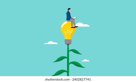 learn more knowledge to grow and success, study to get new skill, businessman studying on a light bulb plant concept vector illustration with flat style