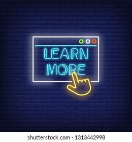 Learn More Neon Sign. Active Link On Brick Wall Background. Vector Illustration In Neon Style For Banners, Posters, Web Design