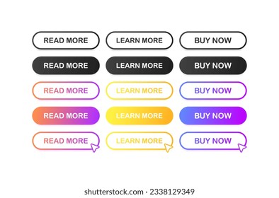 Learn more sign. Flat, color, read more, buy now, sign for sell. Vector icons