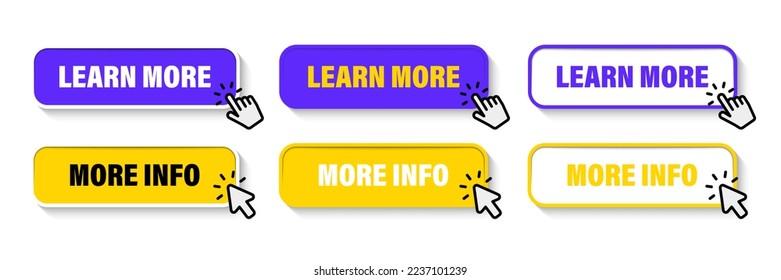 Learn more, web buttons. Read more button. Call for action buttons. Trendy learn more button for web site, label, banner, sticker, design template. Modern information button collection