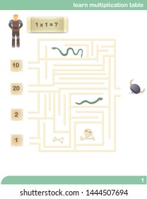 Learn multiplication table. Labyrinth. Viking Adventure. Vector illustration in flat cartoon style. Educational game. Math test. Find the right way. Child Game. Self-education. 