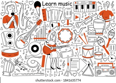 Learn music doodle set. Collection of sketches templates patterns of woman girl teenager musician learns song lessons and playing guitar musical instrument. Creative occupation and getting knowledge.