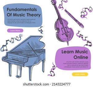 Learn music online, fundamentals of music theory, piano and violin. Website page with courses and lessons for beginners. Classes for school students, children and adults. Vector in flat style
