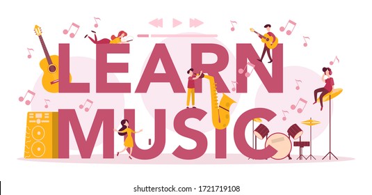 Learn music typographic header concept set. Young performer playing music with professional equipment. Talented musician playing musical instrumentss. Vector illustration.