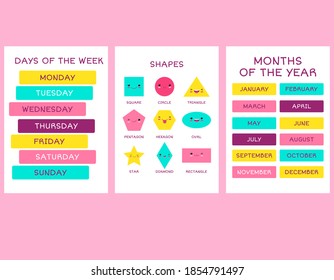 Obtenga información sobre los nombres de los meses del año, días de la semana y formas geométricas. Conjunto de carteles educativos. Tarjeta Para Niños. Colección de formas geométricas lindas con caras emojis. EPS vectorial8