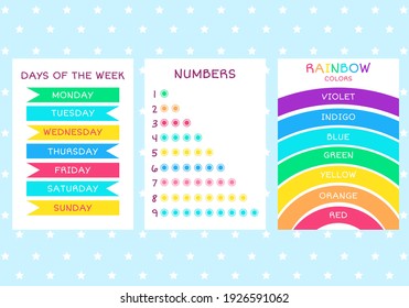 Conozca los nombres de los colores del arcoiris, días de la semana y números. Conjunto de carteles educativos. Tarjeta Para Niños. Colección de tarjetas de educación preciosas. EPS vectorial8