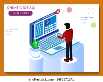 learn new information through online video tutorials. Internet interactive lessons, modern technology. Illustration in flat isometric style.