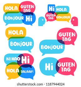 Learn a new language,  bilingual translation concept. Set of vector hand drawn, lettering illustration on white background.