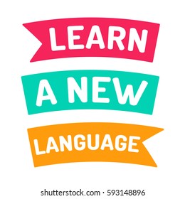 Learn a new language, motivation. Flat vector ribbon icon, symbol, design illustration on white background.