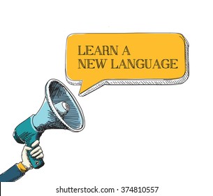 LEARN A NEW LANGUAGE   word in speech bubble with sketch drawing style