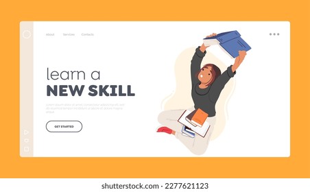 Learn a New Skill Landing Page Template. Student Girl Sitting with Pile Of Books, Engrossed In Reading or Prepare for Exams. Female Character in Studious Process. Cartoon People Vector Illustration