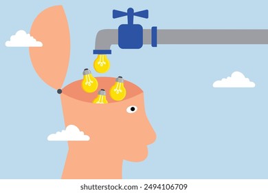 Learn new skills, bright lightbulb ideas flow from pipe into human head.