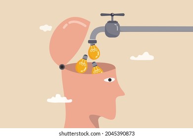 Learn new skills, create new ideas or innovative solution, education and knowledge or imagination and creativity to think like genius concept, bright lightbulb ideas flow from pipe into human head.