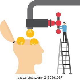 Learn new skills, create new ideas or innovative solutions, education and knowledge or imagination and creativity to think like genius concepts, bright lightbulb ideas flow from a pipe into the human
