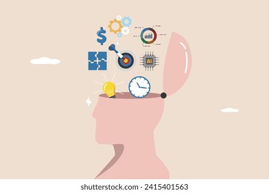 Aprender nuevas habilidades, nuevas ideas, estudiar nuevas habilidades, habilidad o pensamiento inteligente, cerebro de cabeza humano con símbolo de habilidades, creatividad, manejo del tiempo.