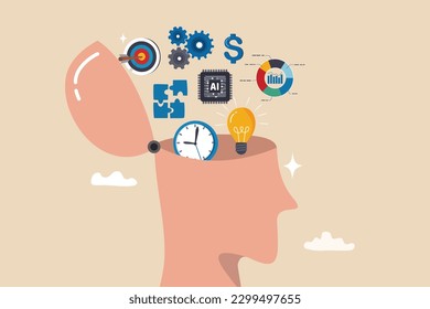Learn new skills, knowledge or ability to work achieve success, new idea, training or study new skills, upskill or smart thinking, human head brain with skills symbol, creativity, time management. - Shutterstock ID 2299497655