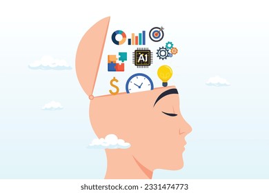 Learn new skills, knowledge or ability to work achieve success, new idea, study new skills, up skill or smart thinking, human head brain with skills symbol, creativity, time management (Vector)
