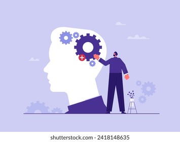 Learn new things or knowledge development for new skill concept, up skill, improve work qualification, businessman add new skill or gear into human head to upgrade working skill