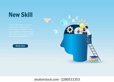 Learn new work skills. Man put lightbulb, compass and gear icons to human head, up new skills to improve job capacity and performance.