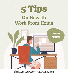 Learn now, study online course on productivity. 5 tips on how to work from home. Communication and recommendations for workers, bosses and employees by computer projects. Vector in flat style