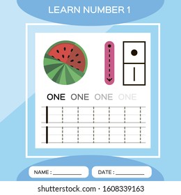 Learn number 1. One . Children educational game. Kids learning material. Lets Trace number 1 and write. Counting game. Blue background. Watermelon.