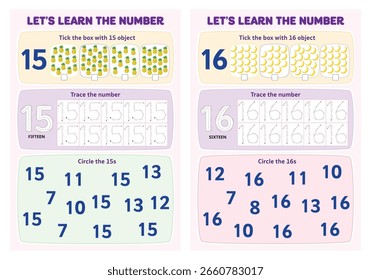 Learn the number 15-16 tick the box, trace the number and circle the number worksheet