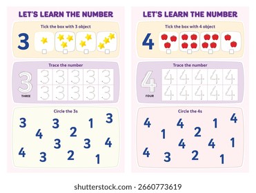 Learn the number 3-4 tick the box, trace the number and circle the number worksheet