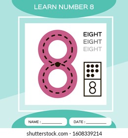 Learn number 8. Eight. Children educational game. Kids learning material. Counting game. Green background