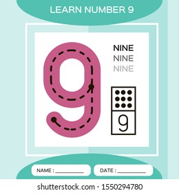Learn number 9. Nine. Children educational game. Kids learning material. Counting game. Green background