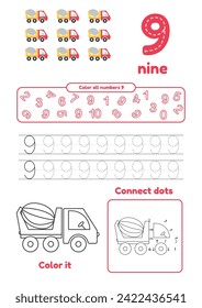 Learn number 9 for preschool kids. Many games on one page. Color, dot to dot, trace