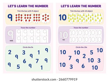 Learn the number 9-10 tick the box, trace the number and circle the number worksheet